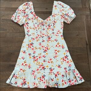 City Triangles Floral Blue Linen Spring Dress Short Sleeve Low Cut Lined S